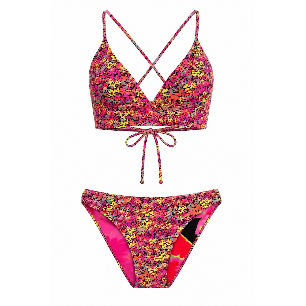 NWT Maaji Swimwear Reversible Bikini Set Neon Pink Yellow Floral Tie Back L